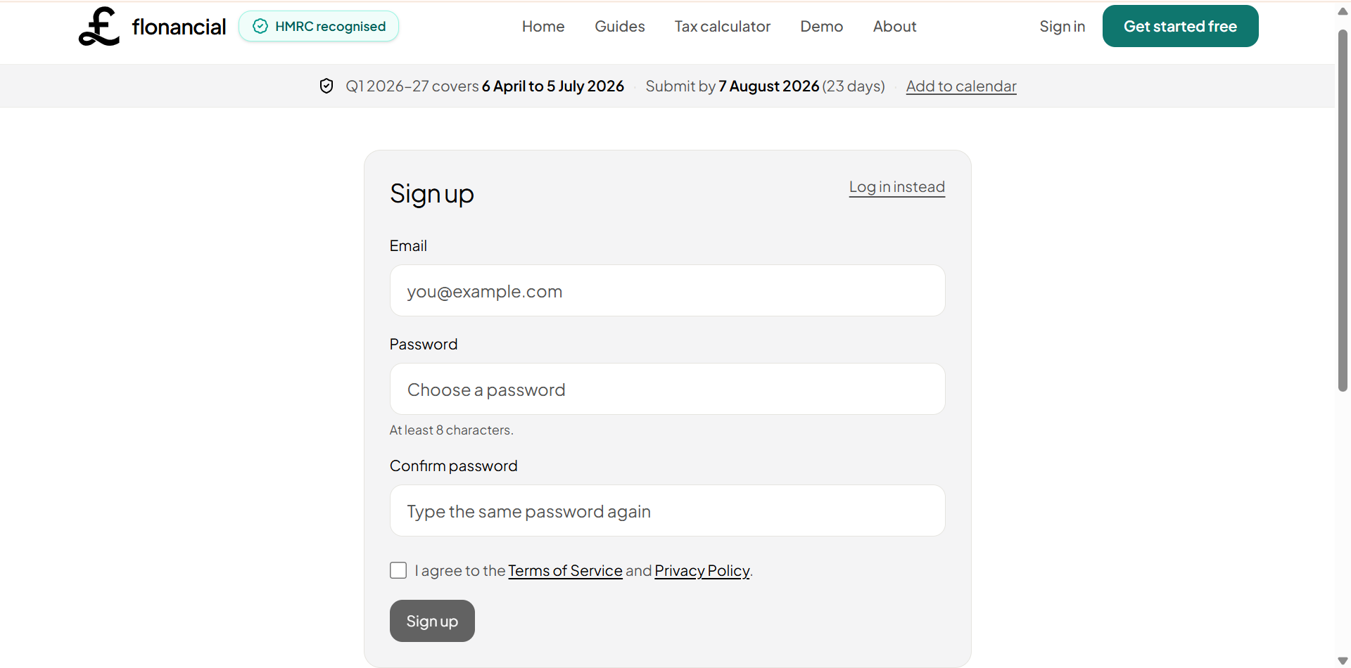 Flonancial signup screen with email and password fields