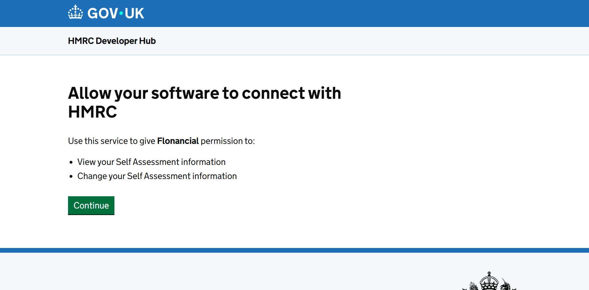 HMRC authorisation screen asking you to allow Flonancial to connect to your Self Assessment