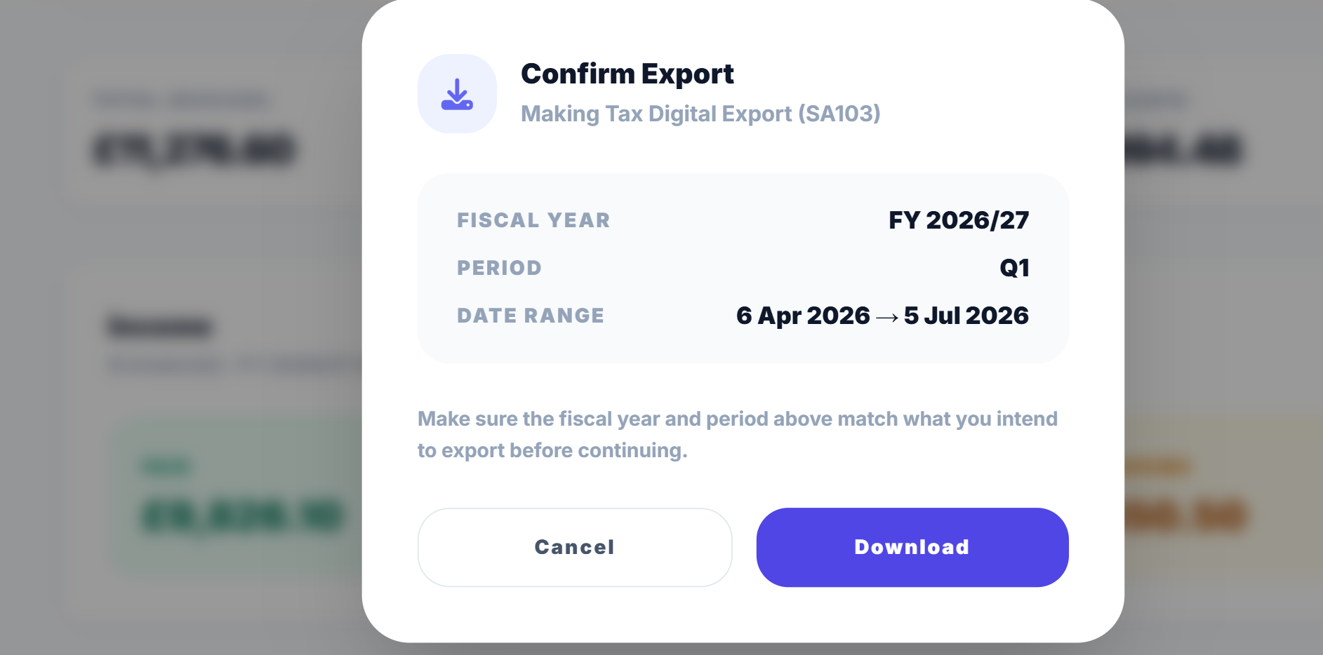 FreelanceOS Reports screen showing the MTD export confirmation modal with period Q1 6 Apr to 5 Jul 2026