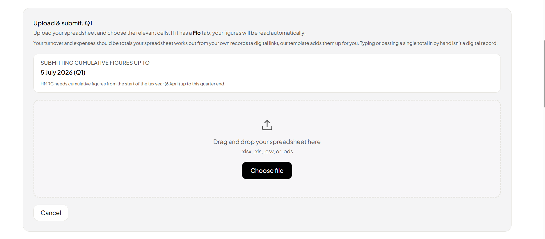 Flonancial upload screen showing drag-and-drop zone for Q1 spreadsheet