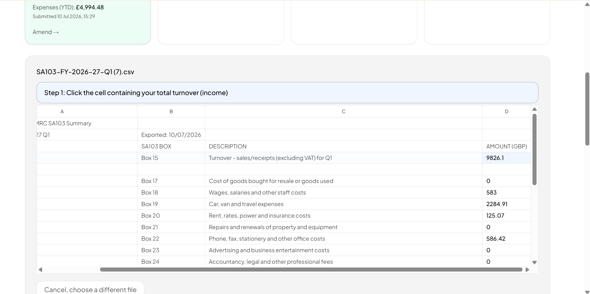 Flonancial showing the spreadsheet with turnover cell to select