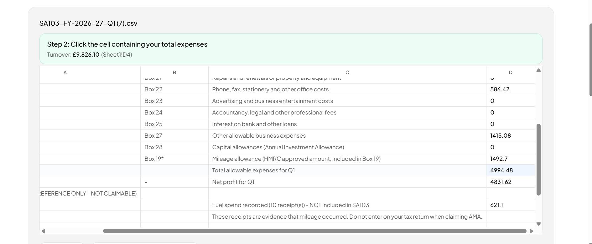 Flonancial showing the spreadsheet with expenses cell to select, turnover already confirmed at £9,826.10