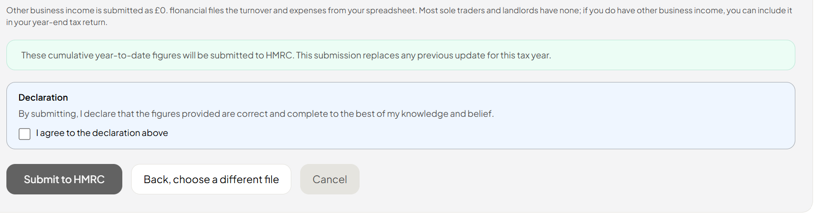 Flonancial declaration screen with Submit to HMRC button